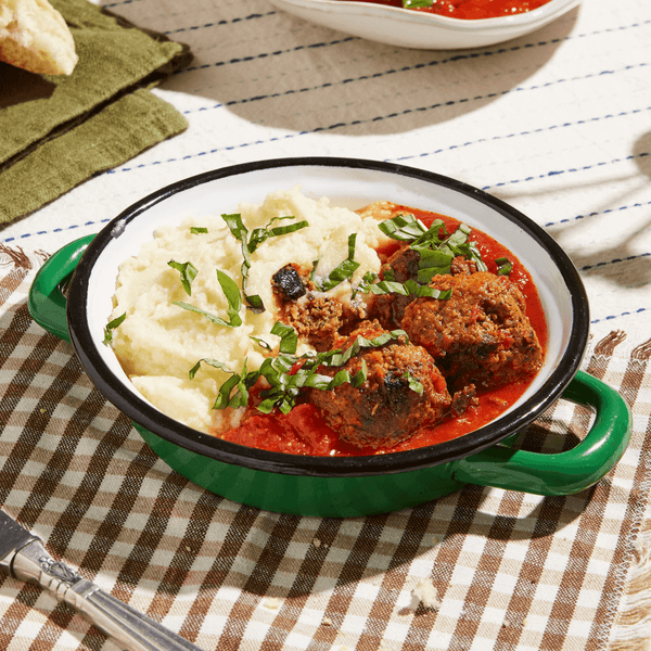 Mushroom “Meatballs”, Polenta, Tomato and Basil Arrabbiata